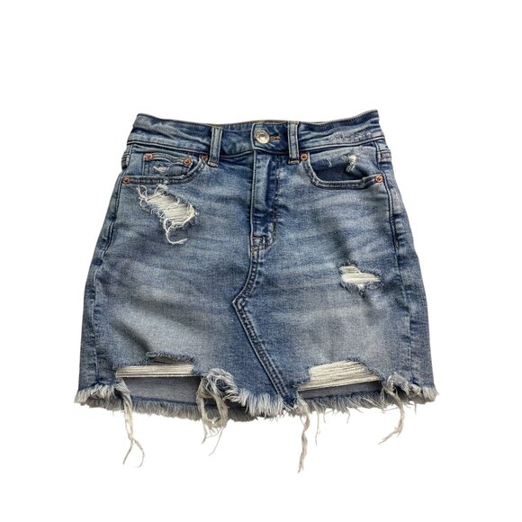 American Eagle Outfitters Hi-Rise Mini Denim Skirt Super Stretch Distressed 0 - Picture 1 of 5